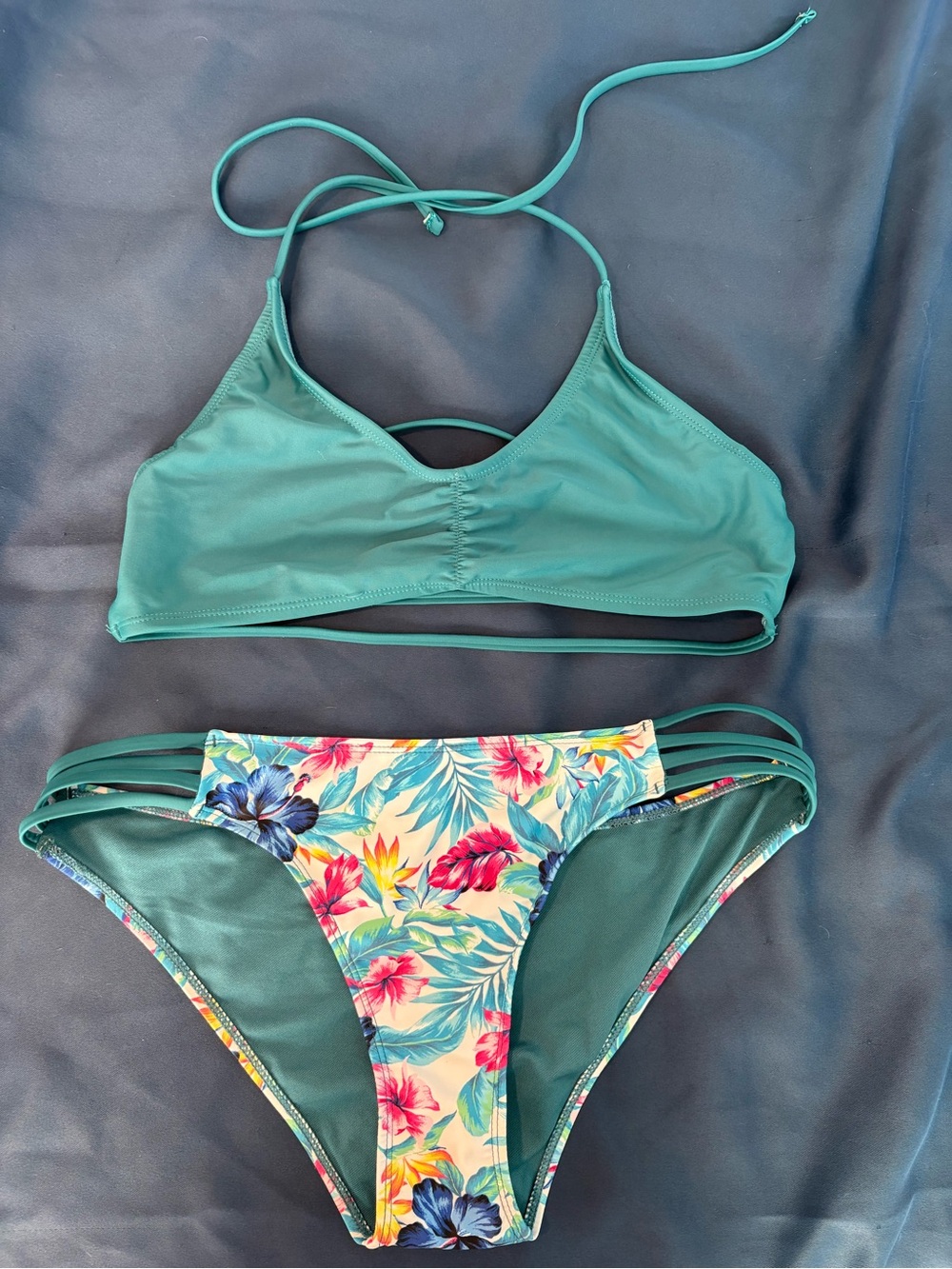 Teal Strappy Bikini Set with Tropical Floral Bottoms
